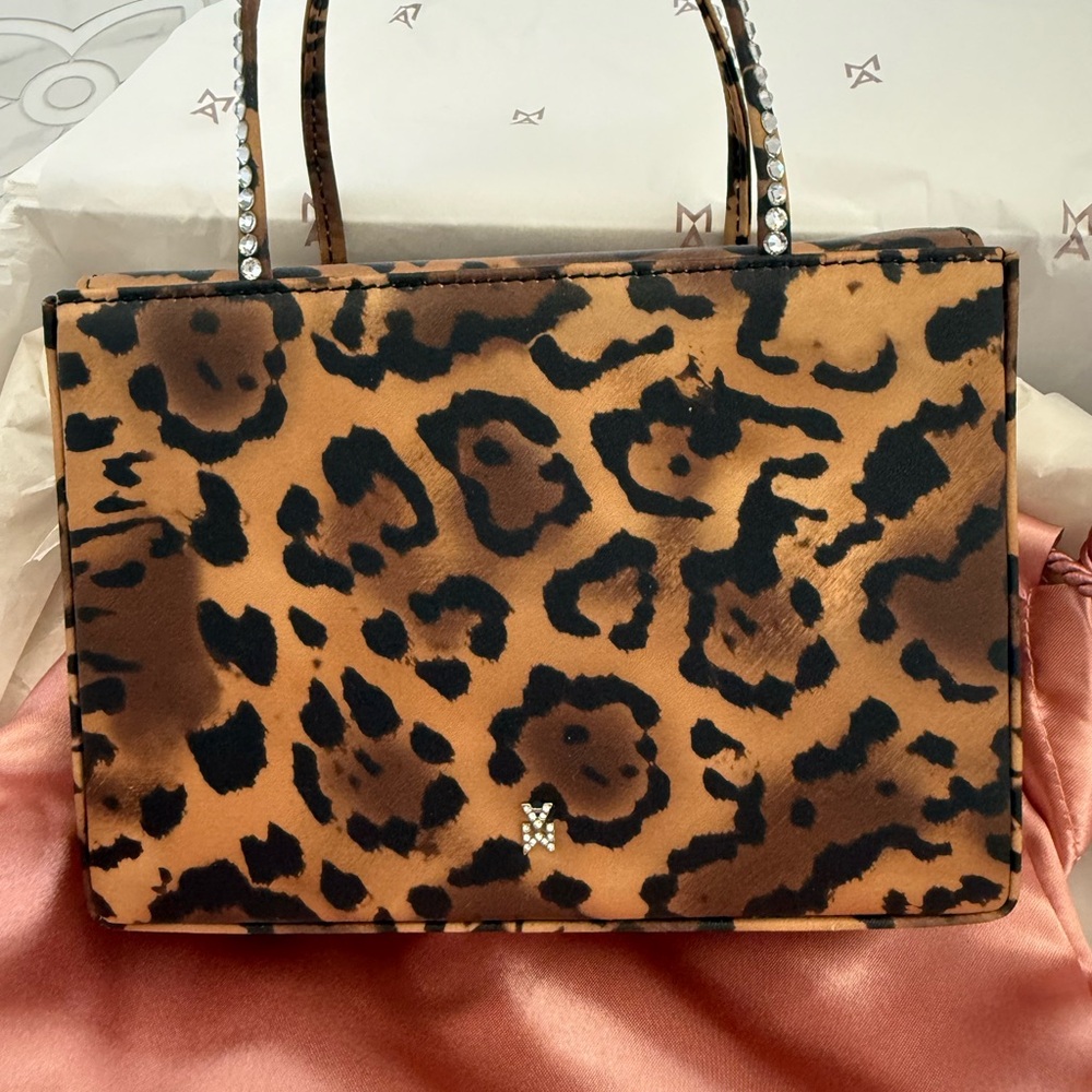 Amina Muaddi Brown Leopard Shoulder Bag with Rhinestone Handles